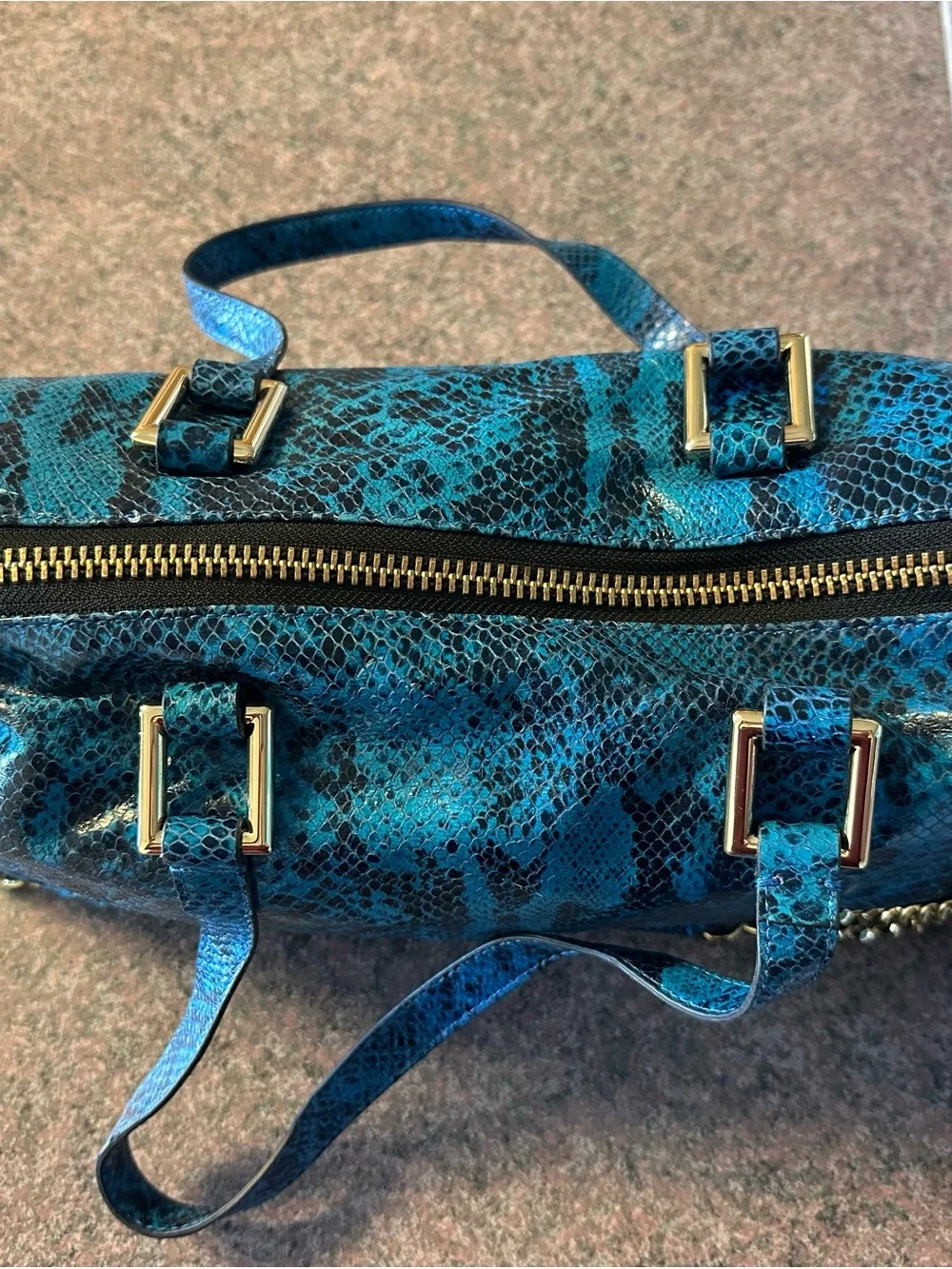 Juicy Couture Teal Snake-Print Shoulder Bag with Gold Chain Accents